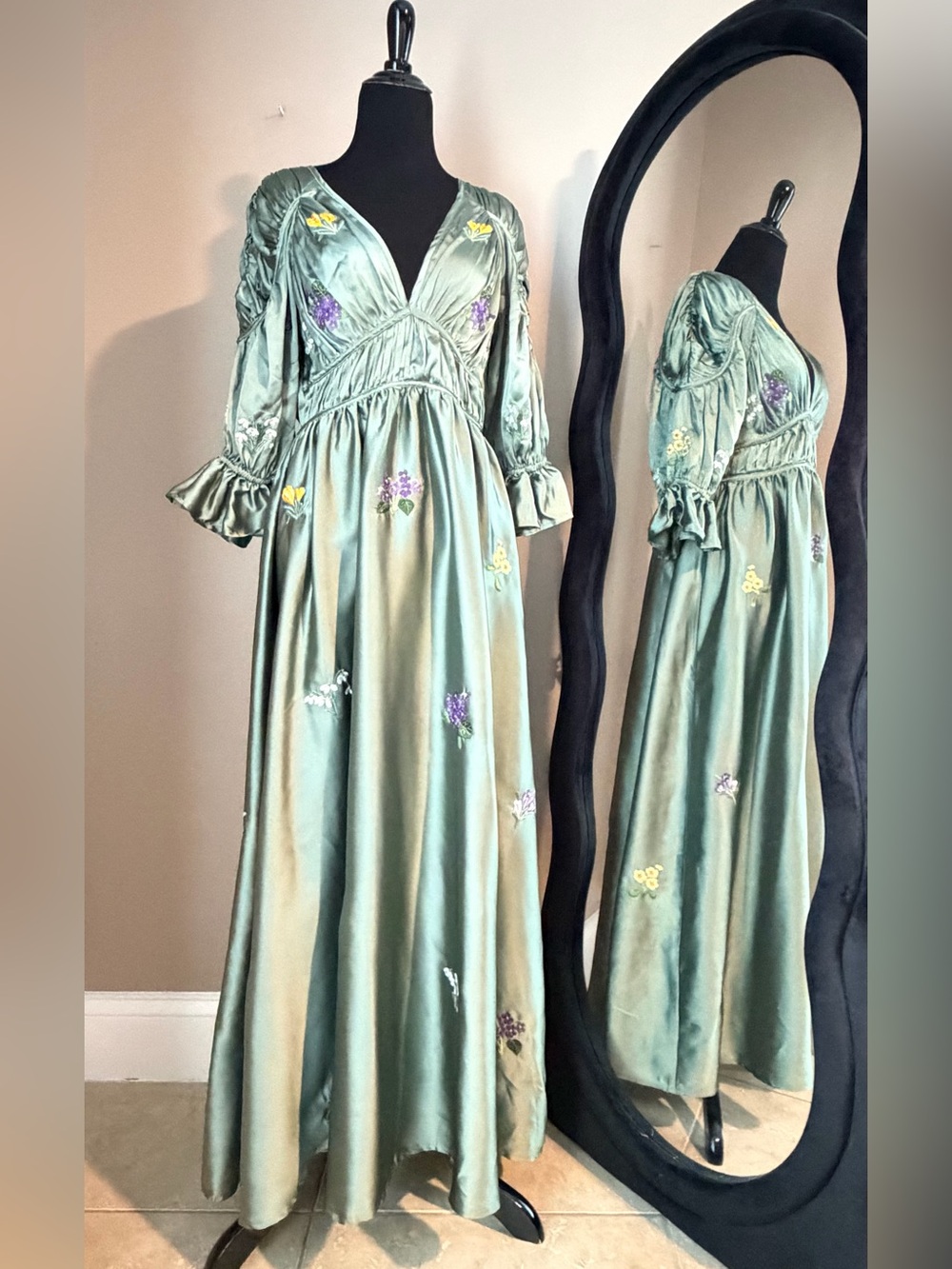 ASOS DESIGN Embroidered Bodice Satin Bias Maxi Dress - Olive / Sage Green US 8